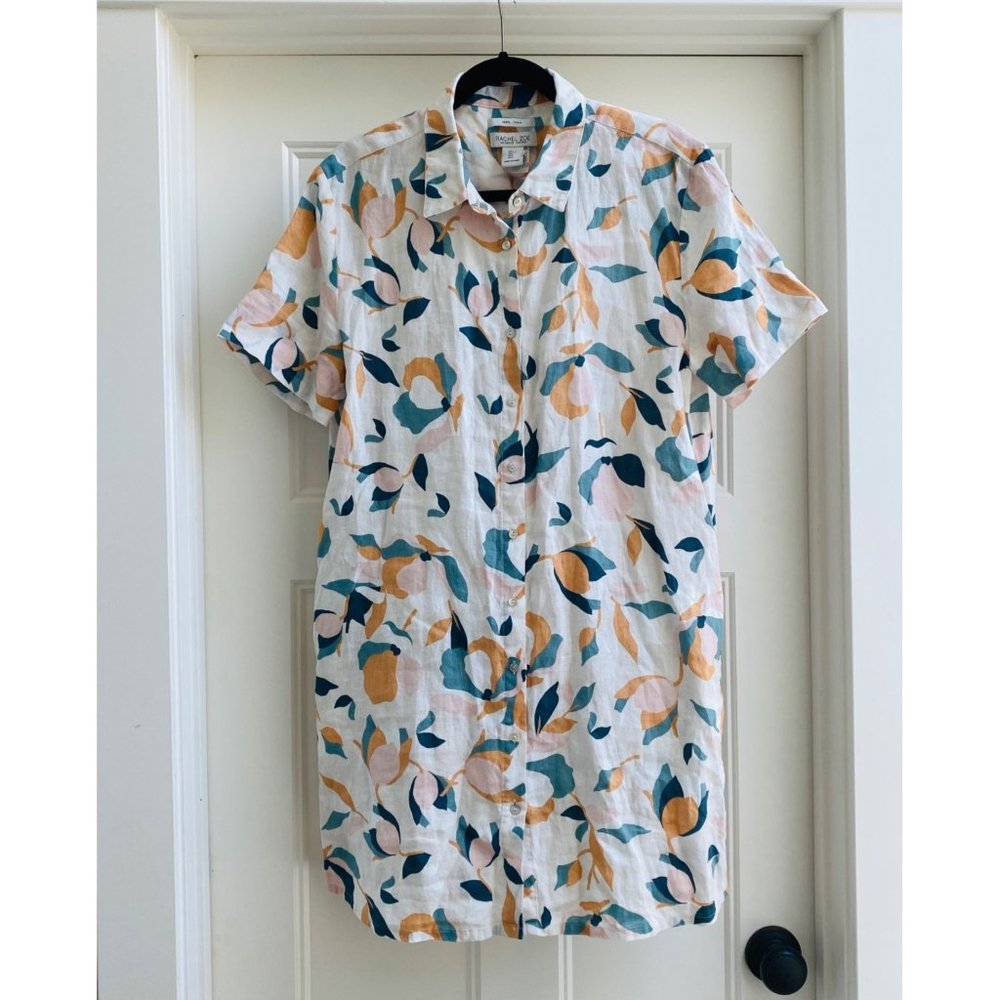Rachel Zoe Women's Linen Floral Button Front Short Mini Shirt Dress White Size L